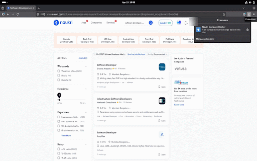 Naukri Company Blocker :: Hide job listings from specific companies on Naukri.com. Add companies to a blocklist to hide their listings automatically.