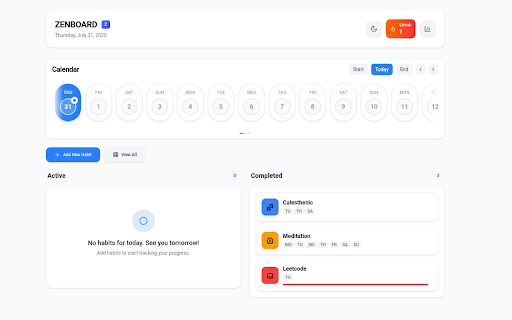 ZenBoard – Modern Habit Tracker :: A modern habit tracker dashboard to build routines, track goals, and stay focused—all from your browser.