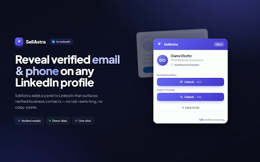 Sellastra: Free B2B Phone Number & Email Finder :: Find verified B2B phone numbers & work emails on any LinkedIn profile. Start free — save leads to your CRM in one click.