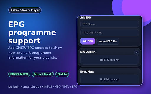 Rahmi Web Stream Player - M3U8 IPTV MPD EPG :: Play M3U8, MPD, IPTV playlists and EPG streams in your browser.