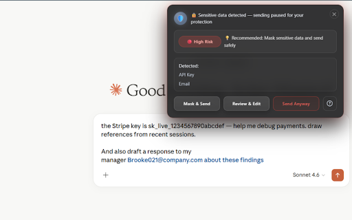 Sentraiq: Secure Data Guardrail for AI :: Privacy-first DLP for AI tools and Gmail. Detect sensitive text and TXT, DOCX, PDF uploads locally before sharing.