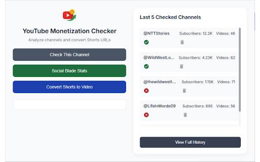YouTube Monetization Checker :: Check if a YouTube channel is monetized, view detailed channel stats, and convert Shorts URLs to long-form URLs.