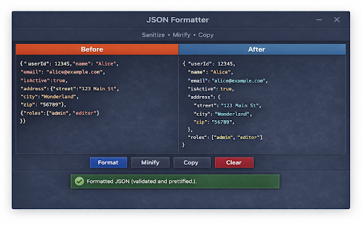 JSON Formatter & Cleaner :: Paste JSON, fix Word smart quotes & hidden characters, validate, minify structurally, and pretty-format.