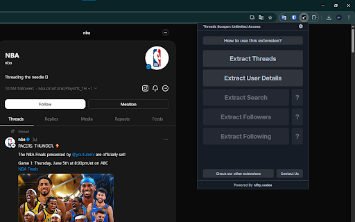 Threads Scraper: Export Threads, Comments, Users & more :: Scrape Threads, Users, Followers, and more from Threads, with options to export in formats such as CSV, Excel, JSON and others