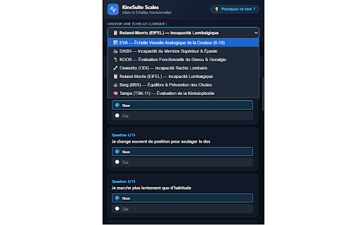 KineSuite — Bilan Kiné & Échelles EVA DASH KOOS :: Calculez les scores EVA, KOOS, DASH, Oswestry et générez des bilans kiné EBP officiels imprimables en PDF. Par KineSuite.