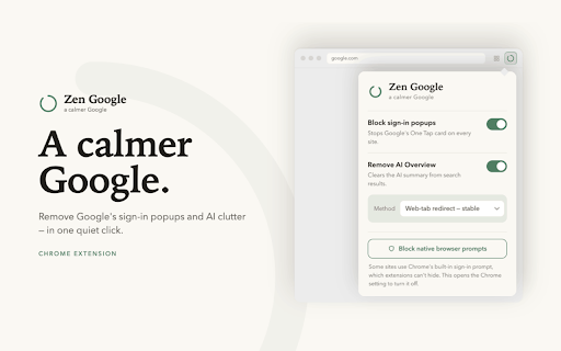 Zen Google – Block Sign-in Popups & AI Overview :: Block the Google sign-in popup and remove AI Overview from search.