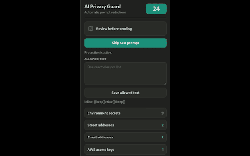 Big Language Model is watching you :: Automatically redacts sensitive prompt data across supported AI chat sites before it is sent.