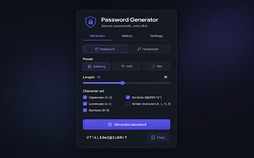 Password Generator :: Password Generator is a fast, privacy-focused Chrome extension for creating strong passwords and memorable passphrases. Everything…