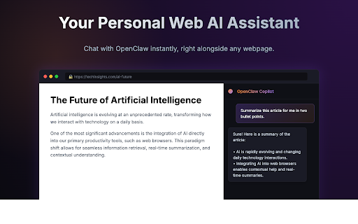 OpenClaw Copilot :: Chat with OpenClaw from Chrome and instantly save web pages, selections, images, and links to Copilot memory.