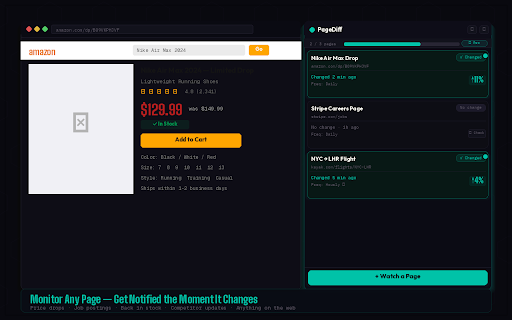 PageDiff — Website Change Tracker :: Monitor any webpage for changes. Get notified the moment a price drops, a job listing updates, or content changes.