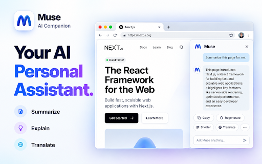 Muse AI Companion - Personal Agent & Browser Assistant :: AI Browser Agent & Voice Assistant — summarize, explain. YouTube Summarizer, AI Email Assistant. All-in-one AI for the web.