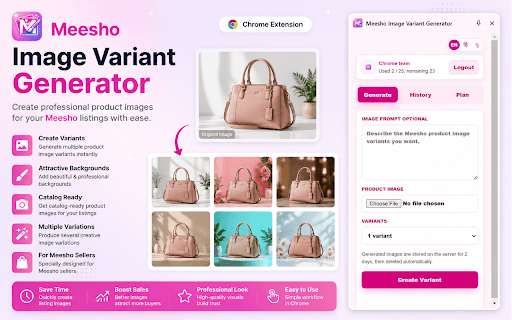 Meesho Image Variant Generator :: Create Meesho product image variants, catalog photos, backgrounds, and listing visuals for sellers from a Chrome side panel.