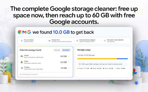 Storage Cleaner for Gmail, Drive & Google Photos: Up to 60 GB Free :: Free up space: delete junk or move items to another account and share them back. Use up to 4 accounts for up to 60 GB combined.