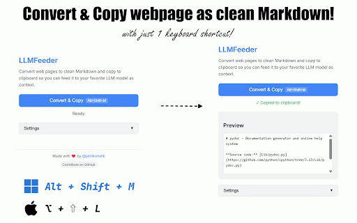 LLMFeeder - Web to Markdown Converter :: Web to Markdown converter for ChatGPT, Claude & AI. Extract clean content, copy to clipboard. Now with dark mode.
