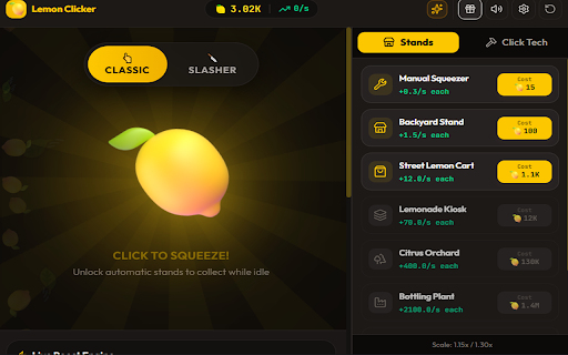 Lemonade Clicker :: The ultimate relaxing idle citrus-squeezing game! Squeeze lemons, hire workers, purchase stands, unlock achievements & secret codes!