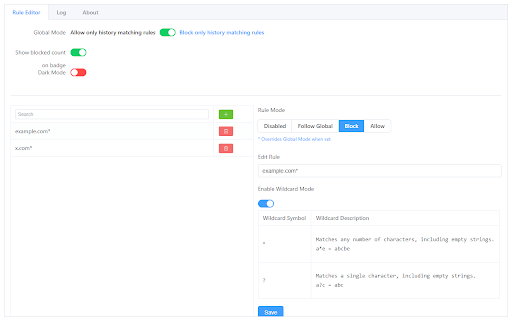 History Interceptor :: Intercepts history entries without taking over the history page. Supports wildcards for precise control of history traces.