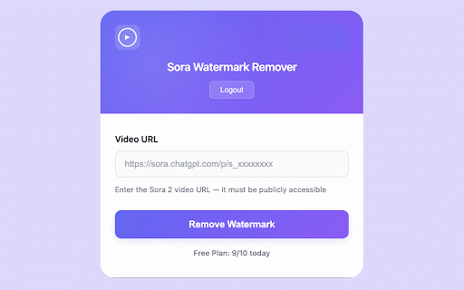 Watermark Remover for Sora Videos :: Remove watermarks from Sora AI videos instantly. Free daily quota, Google sign-in, automatic download.