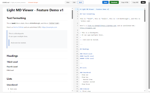 Light MD Viewer :: View and edit Markdown files directly in Chrome with syntax highlighting, mermaid diagrams, and split editor.