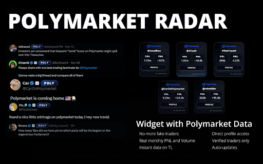 Polymarket Radar :: Highlights Polymarket creators on X/Twitter with quick stats overlays.