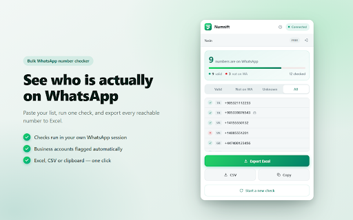 Numsift — Bulk WhatsApp Number Checker & Validator | Export to Excel :: Bulk check which numbers are on WhatsApp. Validate lists, filter by country, spot business accounts, export to Excel or CSV.