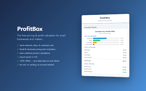 ProfitBox :: Free pricing & profit calculator for small businesses. Track materials, labor, overhead, and commissions. Export to PDF.