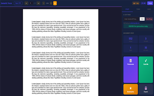 Semantic Focus :: AI-powered PDF study tool. Generate flashcards & quizzes from any document. Free: 3/day. Premium: Unlimited.