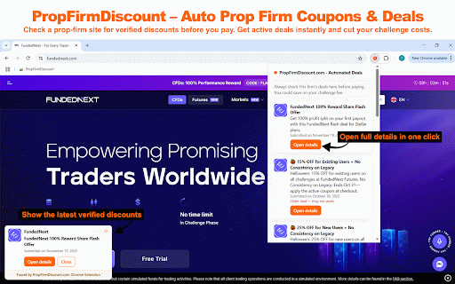 PropFirmDiscount – Auto Prop Firm Coupons & Deals :: Check a prop-firm site for verified discounts before you pay. Get active deals instantly and cut your challenge costs.