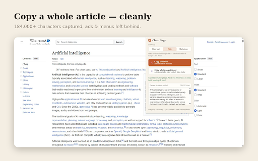 Clean Copy :: Copy web content cleanly — selection or whole page, as Plain text, Rich (keep formatting), or Markdown. Right-click & hotkey.