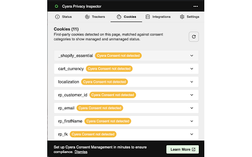 Cyera Privacy Inspector :: Audit your site for compliance with privacy frameworks like CPRA or GDPR.