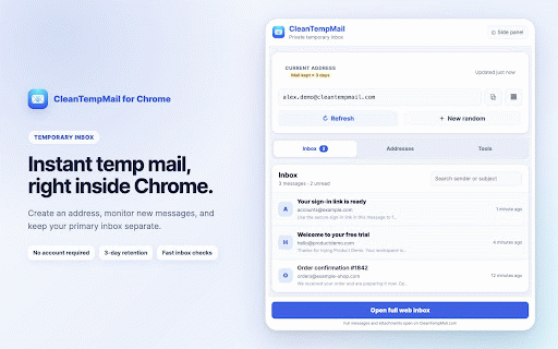 CleanTempMail - Temp Mail & Disposable Email :: Create, manage, and monitor CleanTempMail temporary inboxes.