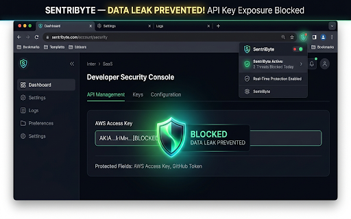 SentriByte :: Prevents accidental leakage of API keys, credit cards, passwords, and secrets from your browser.
