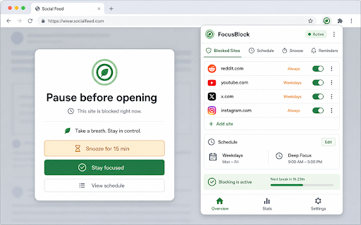 FocusBlock :: Friction-based distraction blocker. Adds a countdown overlay to blocked sites so you think twice before visiting.