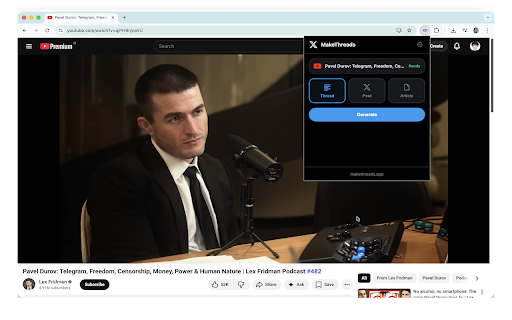 MakeThreads - YouTube to Twitter :: Generate viral Twitter threads, single tweets, and articles from YouTube videos instantly.