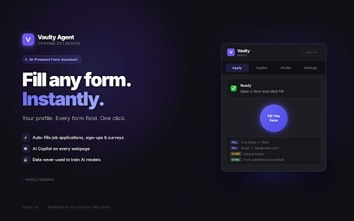 Vaulty :: AI-powered assistant that auto-fills web forms using your personal profile and summarizes page content.