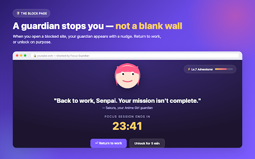 Focus Guardian — Anime Website Blocker & Focus Timer :: Block distracting sites with an anime guardian who keeps you on task. Focus timers, XP, and motivation that actually sticks.