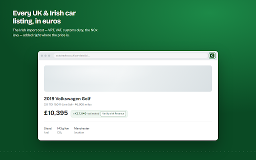 Irish Car Import Calculator :: UK & Irish car listings in euros, with the Irish import cost (VRT, VAT, duty, NOx) added and verified against Revenue. Unofficial.
