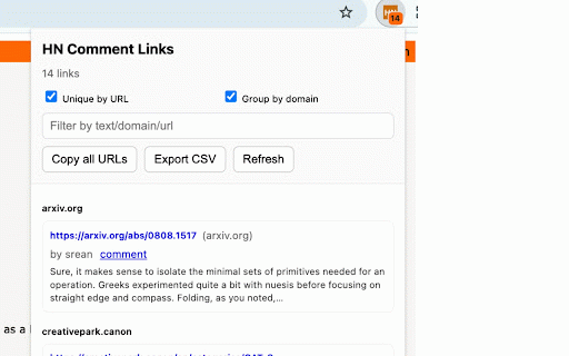 HN Comment Links :: List all hyperlinks appearing inside Hacker News comment bodies on item pages.