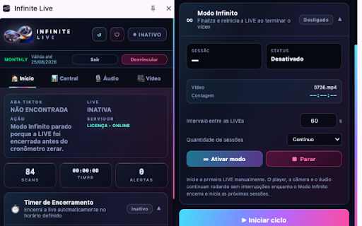 Infinite Live :: Infinite Live: vídeo e áudio com menor uso de CPU e memória, Modo Infinito e efeitos ambientes opcionais e discretos.