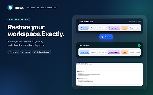 Tabwell — Tab Session Manager :: Save and restore Chrome tab sessions with group names, colors, and collapsed state preserved. Local-first; no account.