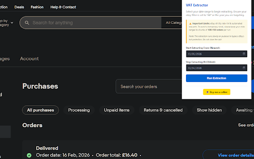 eBay VAT Extractor :: Seamlessly extract Buyer Protection Fee VAT from your eBay Purchase History.