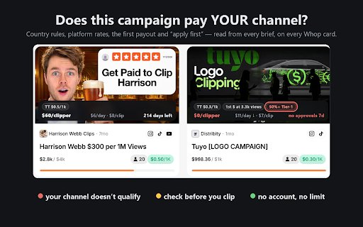 PotScout: Whop Content Rewards Clipping Campaign Filter :: Find the Whop clipping campaign that fits YOUR channel: country rules, platform rates, $/clipper and days left on every card.