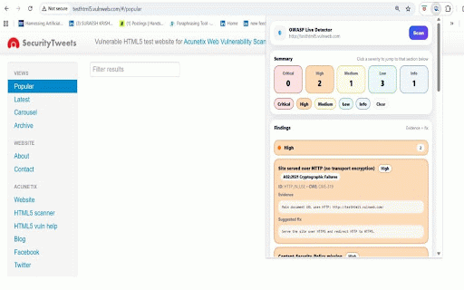 OWASP Live Detector :: Live frontend security analysis for OWASP-aligned misconfigurations using runtime headers, DOM, and network signals.
