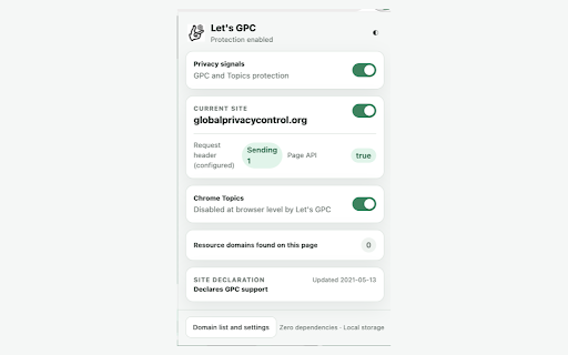 Let's GPC :: Sends Global Privacy Control with minimal overhead and explicit per-site exceptions.