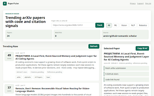 PaperPulse Research Radar :: Track trending arXiv papers, GitHub stats, citation signals, and a local research watchlist.