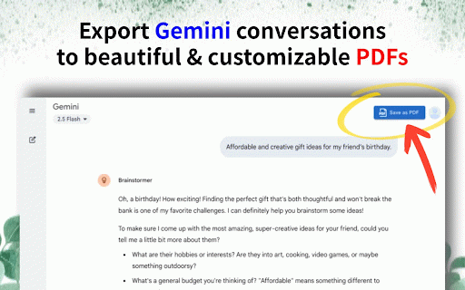 Gemini to PDF :: Export your Google Gemini conversations to beautiful, customizable PDFs. Perfect for archiving, sharing, and documentation.