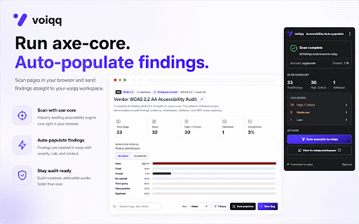 voiqq Accessibility Auto-populate :: Detect axe-core accessibility issues and push findings straight to your free voiqq workspace.