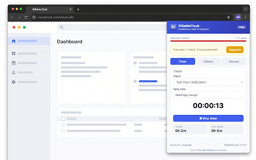 BillableClock — Freelancer Time & Invoice Tracker :: Track billable time per client from your toolbar, then generate a client invoice in seconds. No spreadsheets needed.