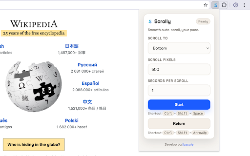 Scrolly :: Auto-scroll to the bottom of any extended webpage. Ideal for reading lengthy articles, news, manga, and other materials.