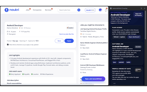 SwitchWithAI Overlay :: Capture LinkedIn and Naukri jobs and open the SwitchWithAI studio in a Chrome side panel.
