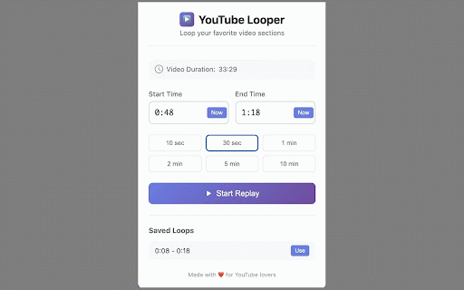 Youtube Looper - Loop Video Sections :: Replay YouTube videos with custom start and end times. Perfect for learning, practicing, or enjoying your favorite video segments.